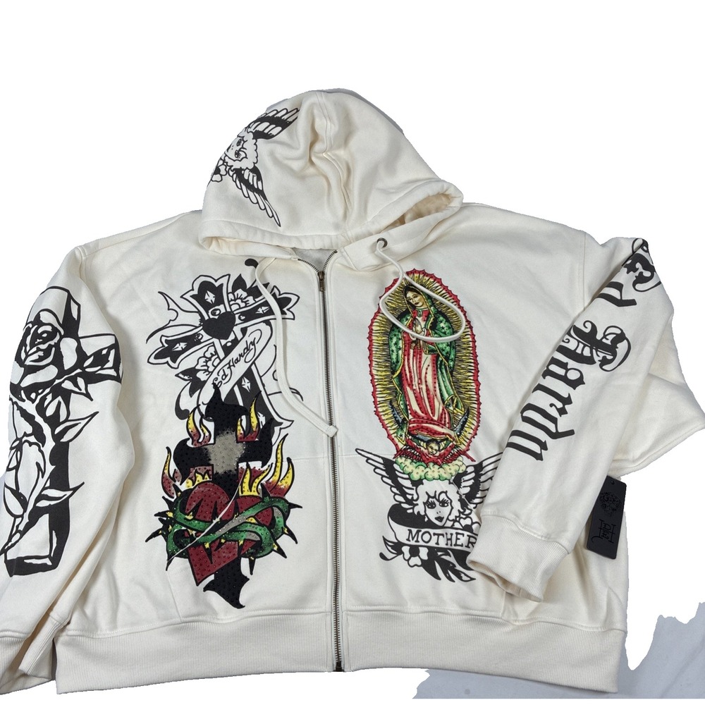ED HARDY Ivory VIRGIN MARY Mother LOGO Tattoo ZIP Hoodie SWEATSHIRT Size XXL NWT